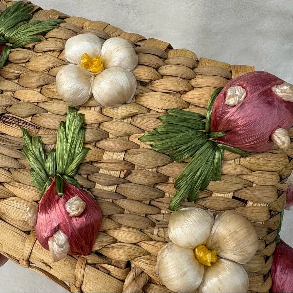 Vintage Handmade Straw Basket w/ Strawberry & Floral with Raffia Trim Handles